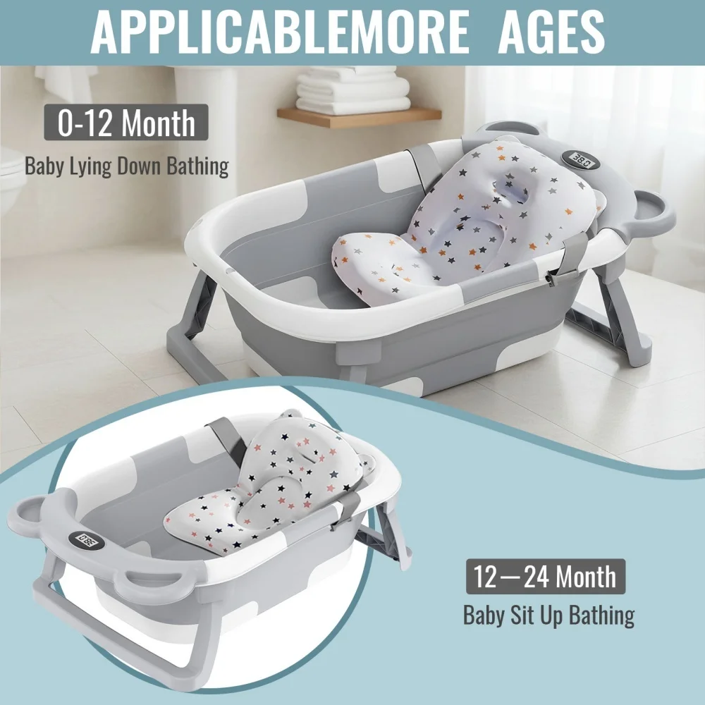 Foldable Baby Bathtub with Built-In Thermometer Soft Bath Mat Infant Bath Tub for Newborn Toddler Baby Bathing