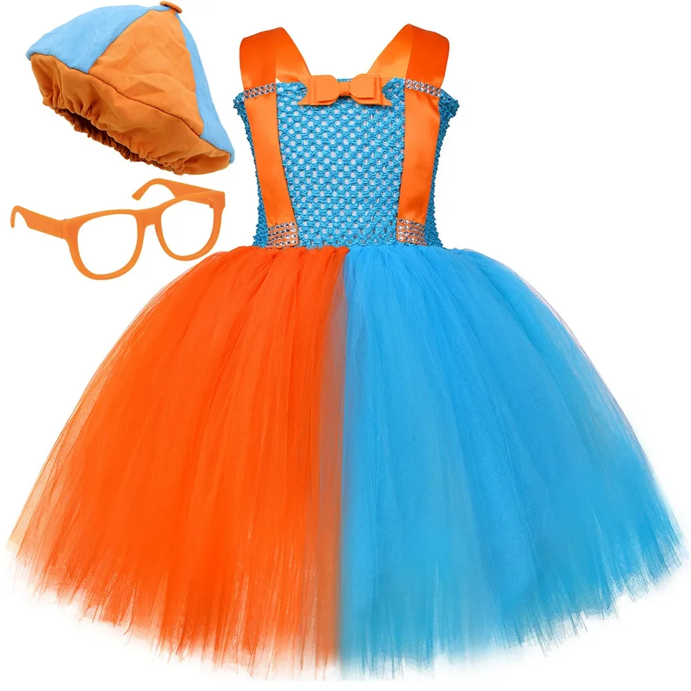 Cartoon Themed Tutu Dress Set for Girls, Exquisite Kids' Dress in Orange and Blue,Toddler Clothes for Halloween Carnival Parties