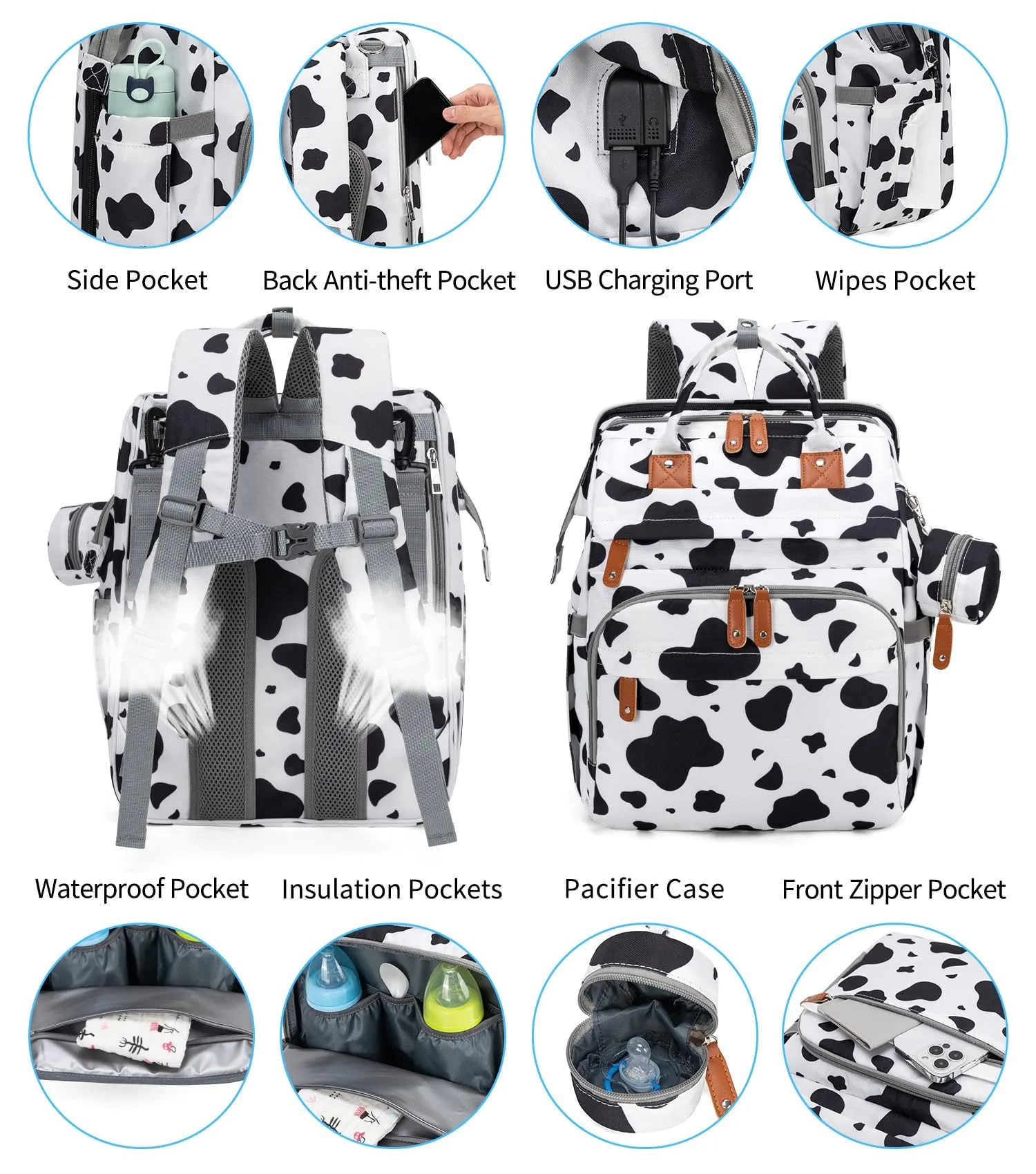 KABAQOO Diaper Bag Backpack with Detachable Changing Station, Large Capacity Baby Diaper Bags for Boys & Girls, Baby Registry Search Stuff & Shower Gifts, Newborn Essentials Must Haves, Cow