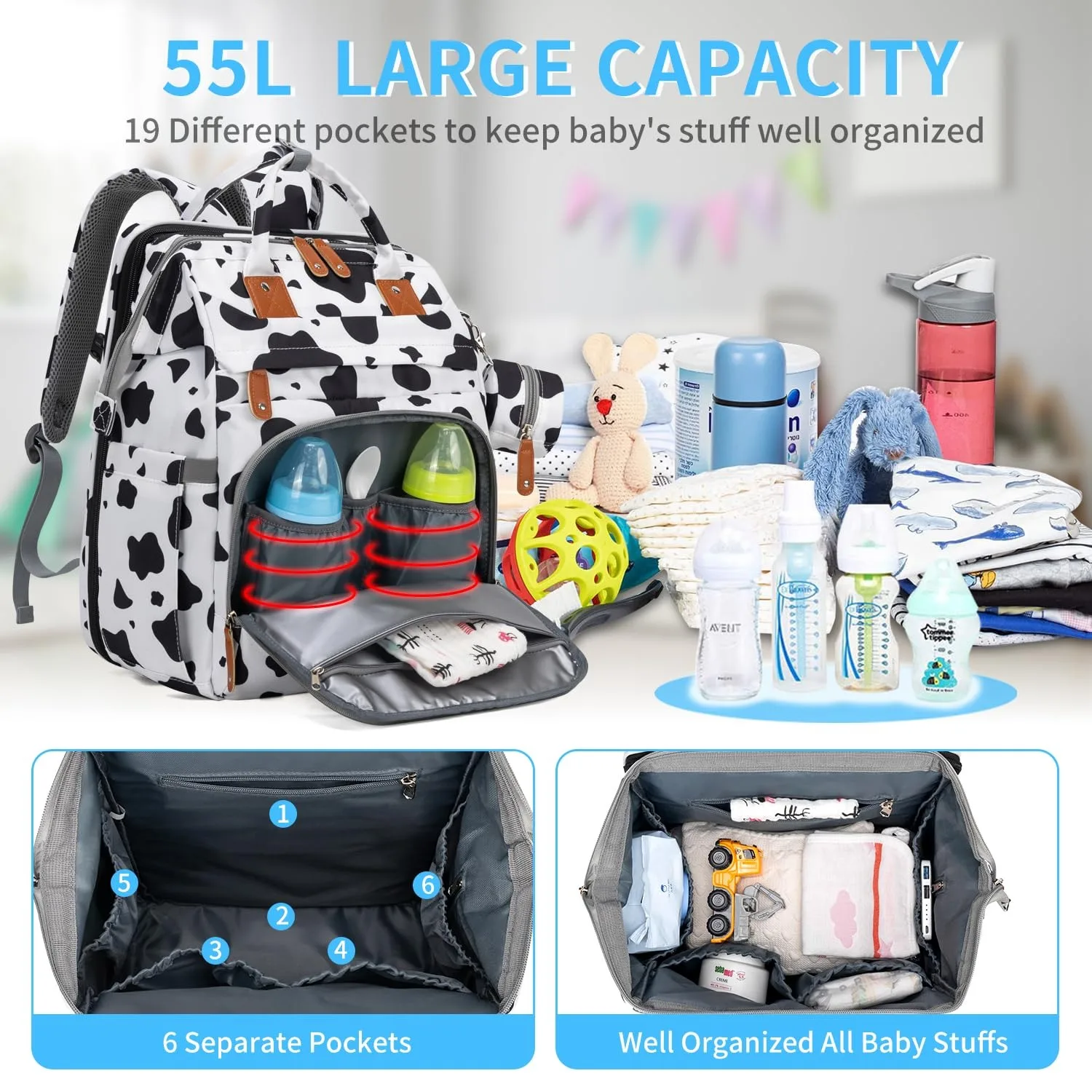 KABAQOO Diaper Bag Backpack with Detachable Changing Station, Large Capacity Baby Diaper Bags for Boys & Girls, Baby Registry Search Stuff & Shower Gifts, Newborn Essentials Must Haves, Cow