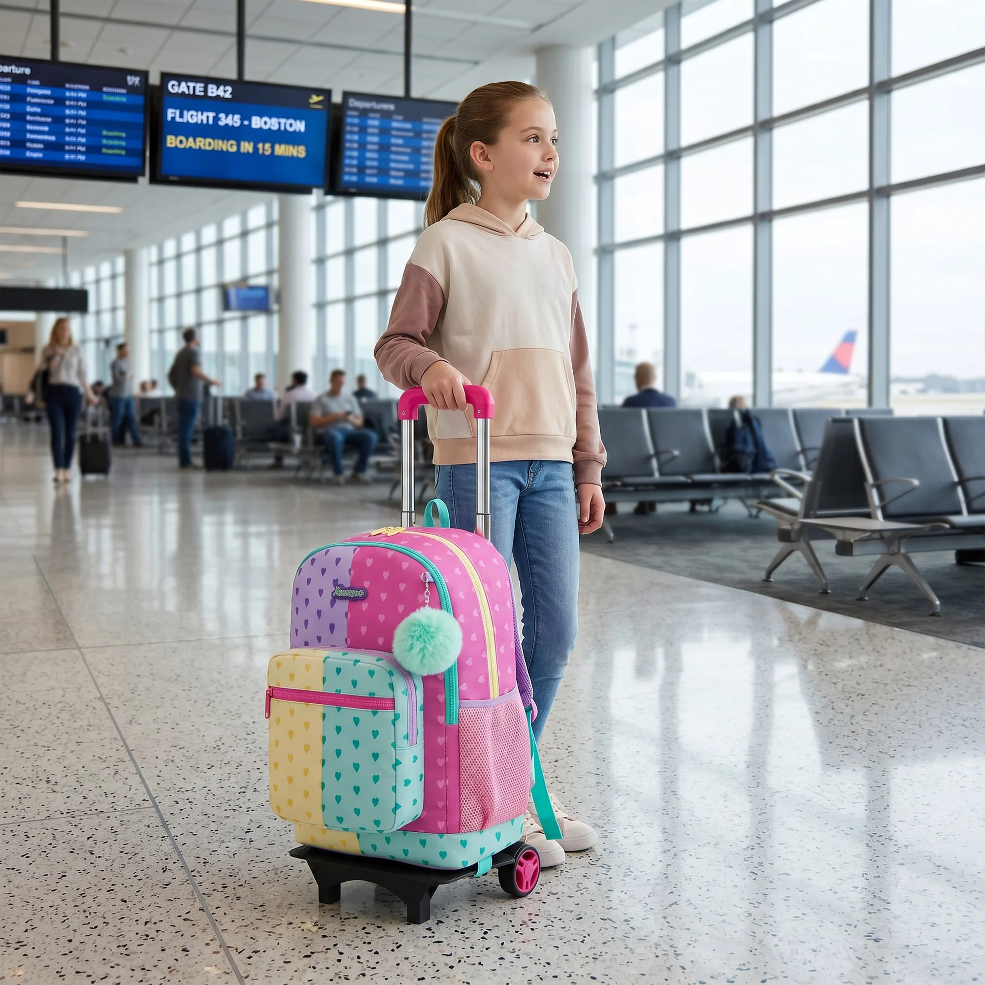 Girls Rolling Backpack with Wheels,Kids Backpack with Wheels Girls Large Capacity School Trolley Bookbag for Elementary Travel &