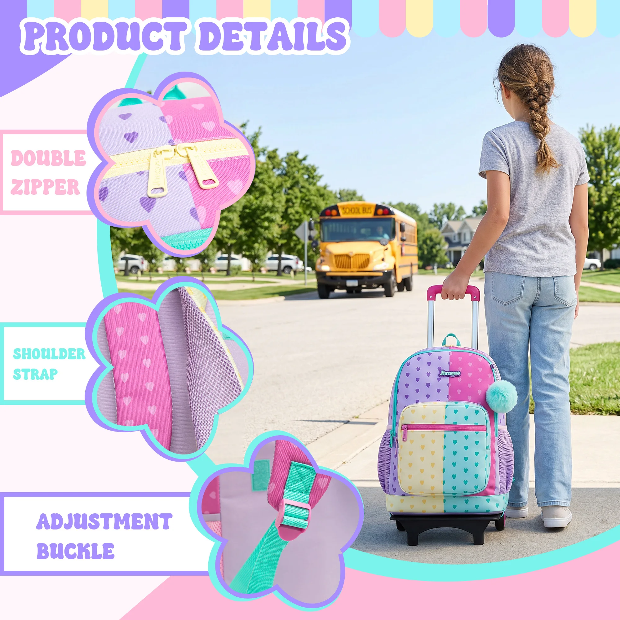 Girls Rolling Backpack with Wheels,Kids Backpack with Wheels Girls Large Capacity School Trolley Bookbag for Elementary Travel &