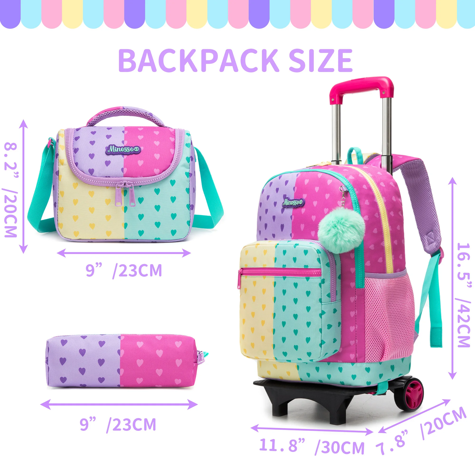 Girls Rolling Backpack with Wheels,Kids Backpack with Wheels Girls Large Capacity School Trolley Bookbag for Elementary Travel &