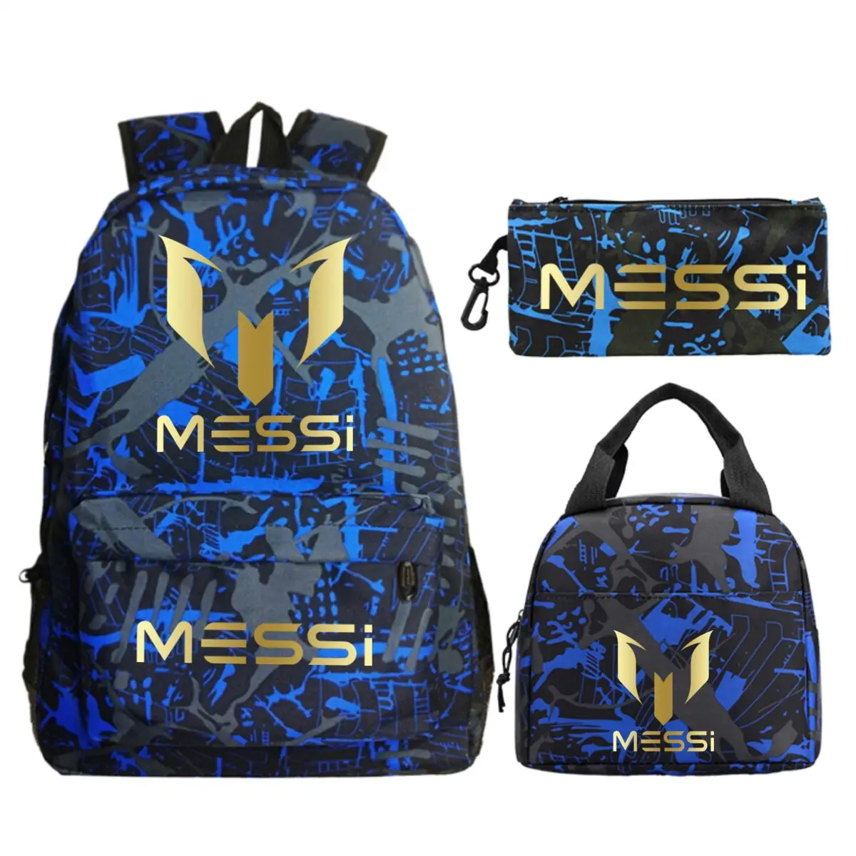 3pcs/set Football Star Graphics Backpack Pen Case Lunch Bag Set Cartoon Student Schoolbag Learning Supplies Birthday Gifts