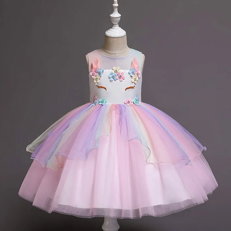Baby Girls Rainbow Unicorn Flower Wedding Princess Party Tutu Dresses Children Kids Elegant Chirstmas Vestidos Costume Clothing