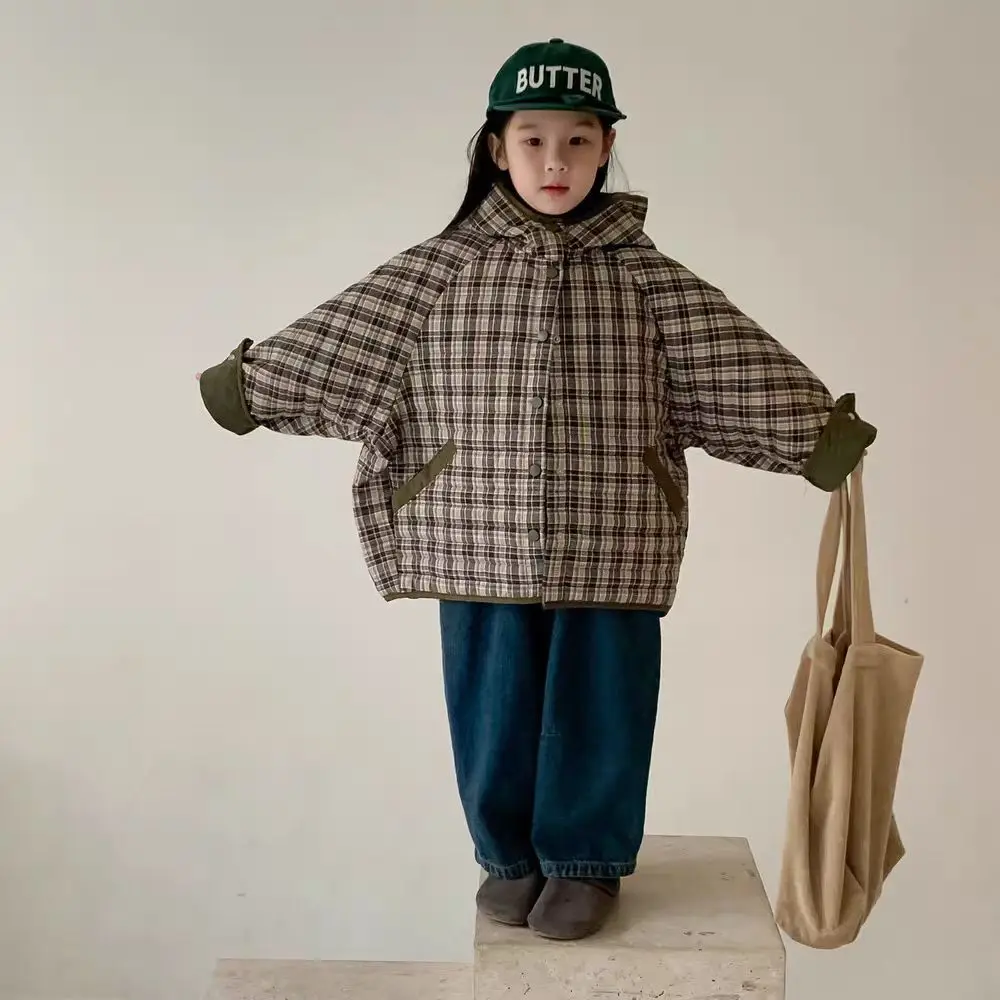 Childrens Winter 2026 New Padded Coat Korean Fashion Casual Daily Plaid Hooded Thicken Cotton-padded Parkas Girls Boys Clothes