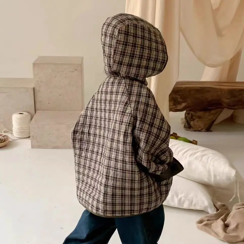 Childrens Winter 2026 New Padded Coat Korean Fashion Casual Daily Plaid Hooded Thicken Cotton-padded Parkas Girls Boys Clothes