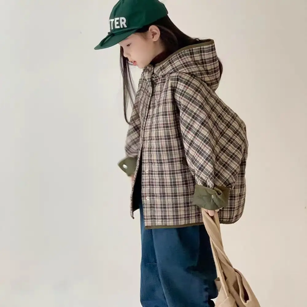 Childrens Winter 2026 New Padded Coat Korean Fashion Casual Daily Plaid Hooded Thicken Cotton-padded Parkas Girls Boys Clothes
