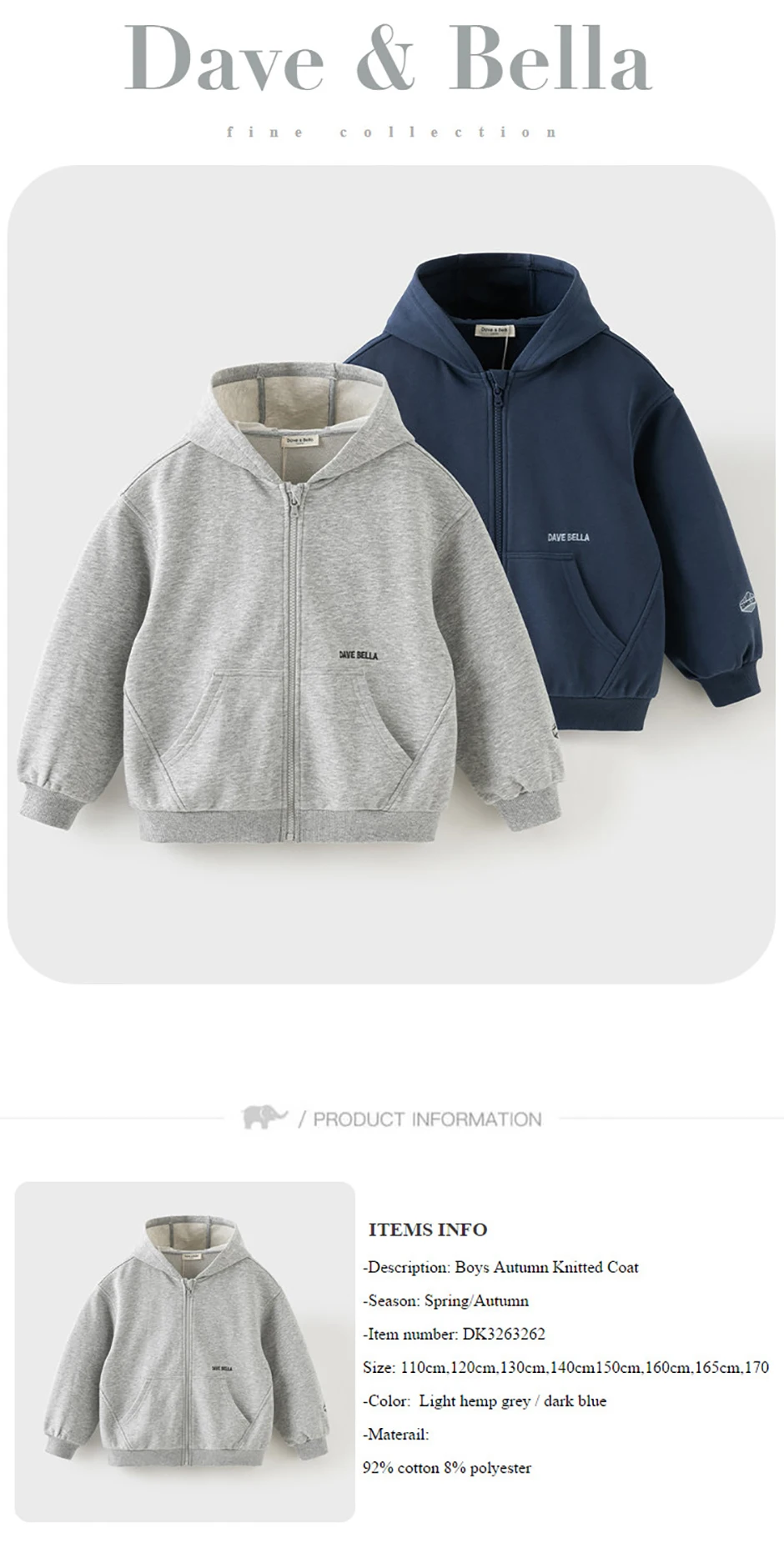 Dave Bella Boys Autumn Knitted Hooded Jacket for Children Outdoor Long Sleeve Spring Coats Kids Outerwear Clothes DK3263262