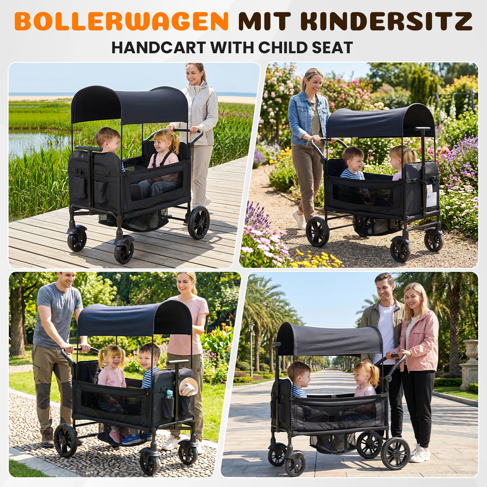 Wagon for children to sit, Foldable wagon stroller for 2 children, Black, 8-fold adjustable padded handle, Sun canopy & tray, 5-point safety belt, compact foldable, strollers, stroller, cozy 2 in 1, baby strollers