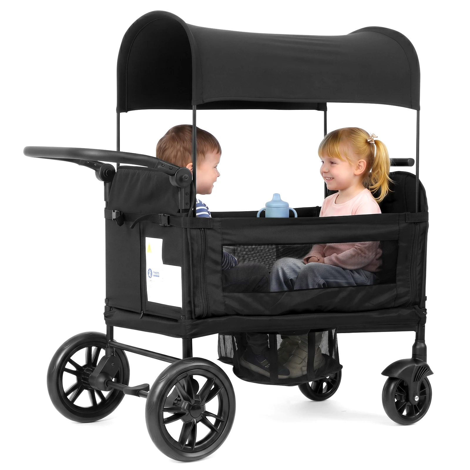 Wagon for children to sit, Foldable wagon stroller for 2 children, Black, 8-fold adjustable padded handle, Sun canopy & tray, 5-point safety belt, compact foldable, strollers, stroller, cozy 2 in 1, baby strollers