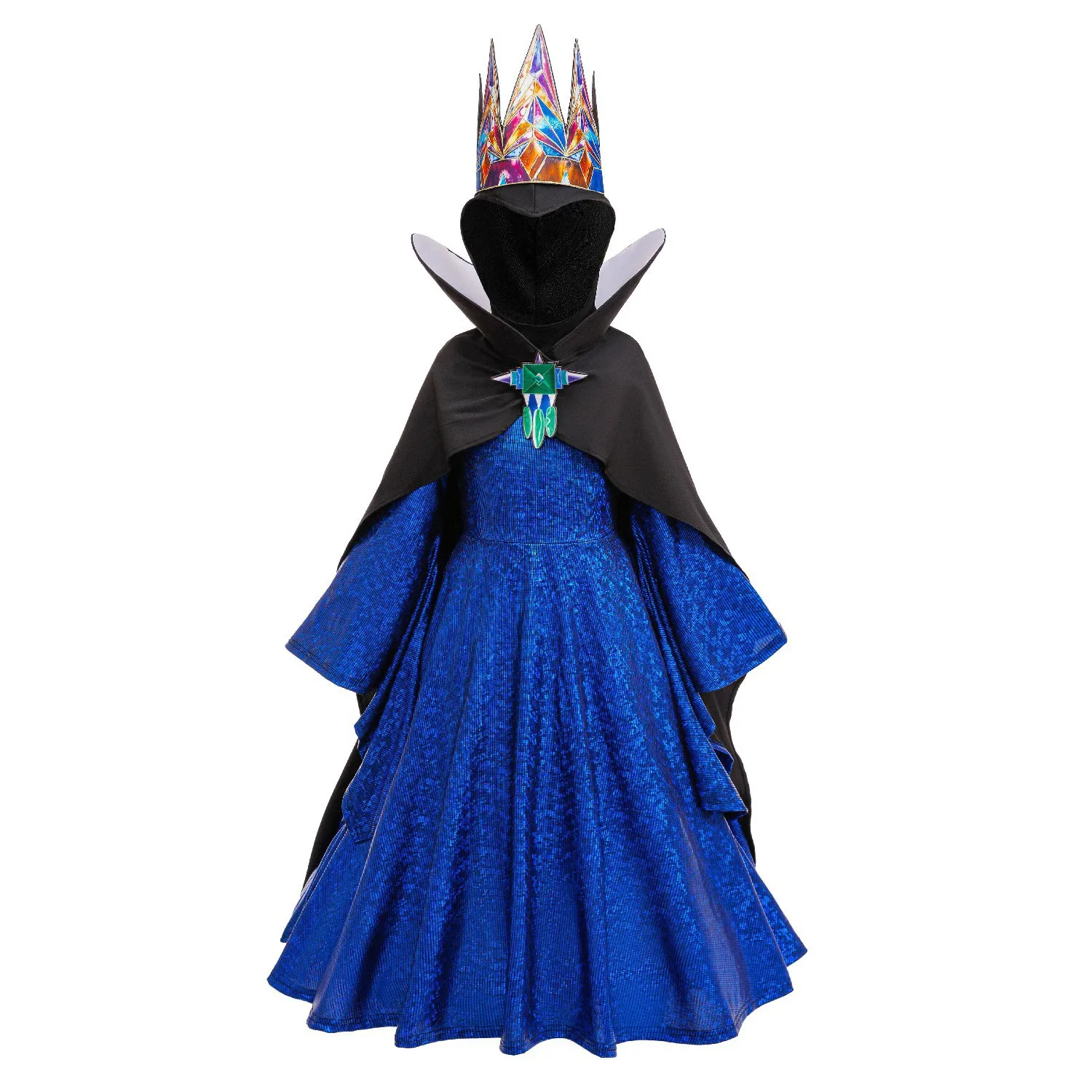 Kids Evil Queen Halloween Costume Girls Shiny Blue Gown Black Cloak Colorful Crown for Stage Performance Themed Party Dress Up