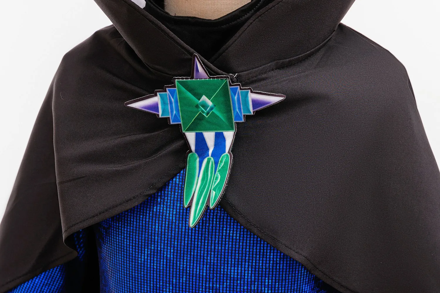 Kids Evil Queen Halloween Costume Girls Shiny Blue Gown Black Cloak Colorful Crown for Stage Performance Themed Party Dress Up