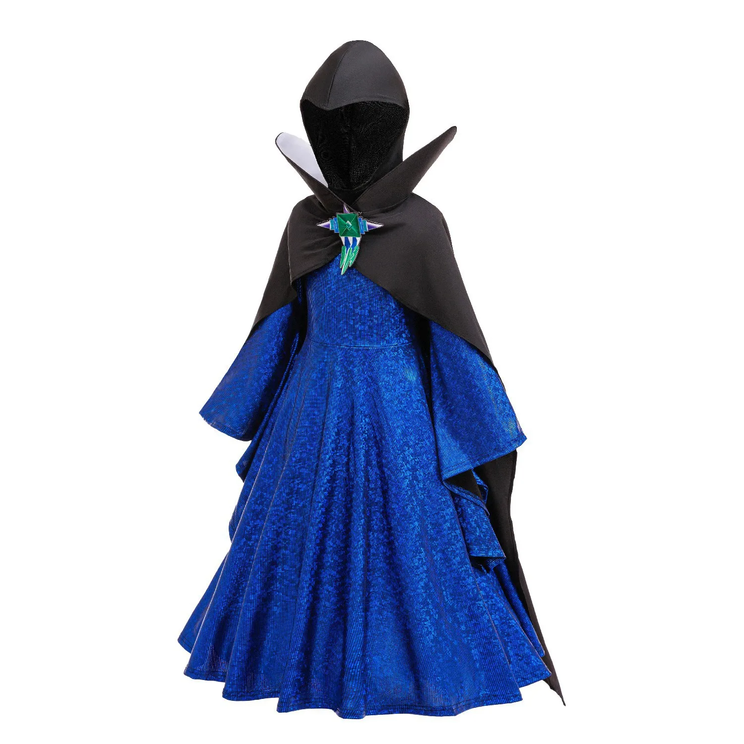 Kids Evil Queen Halloween Costume Girls Shiny Blue Gown Black Cloak Colorful Crown for Stage Performance Themed Party Dress Up