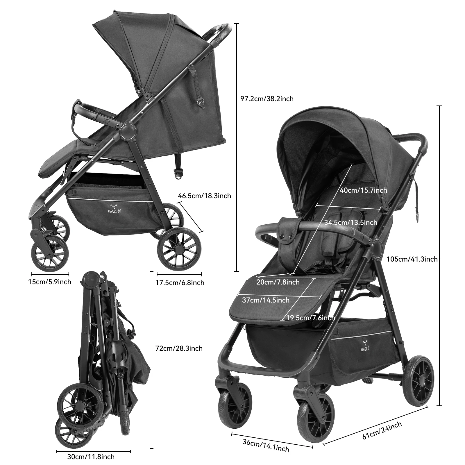 Lightweight 2 in 1 Baby Stroller Pushchair Pram Compact Folding Baby Carriage Easy Storage Portable Design Comfortable Seat Smooth Suspension Wheels Large Shopping Basket for Newborn Infant Outdoor Daily Use