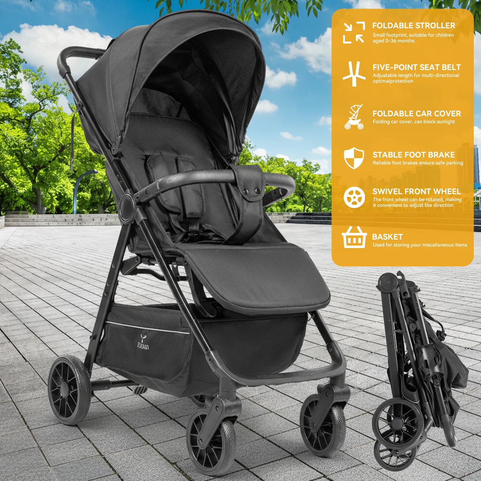 Lightweight 2 in 1 Baby Stroller Pushchair Pram Compact Folding Baby Carriage Easy Storage Portable Design Comfortable Seat Smooth Suspension Wheels Large Shopping Basket for Newborn Infant Outdoor Daily Use
