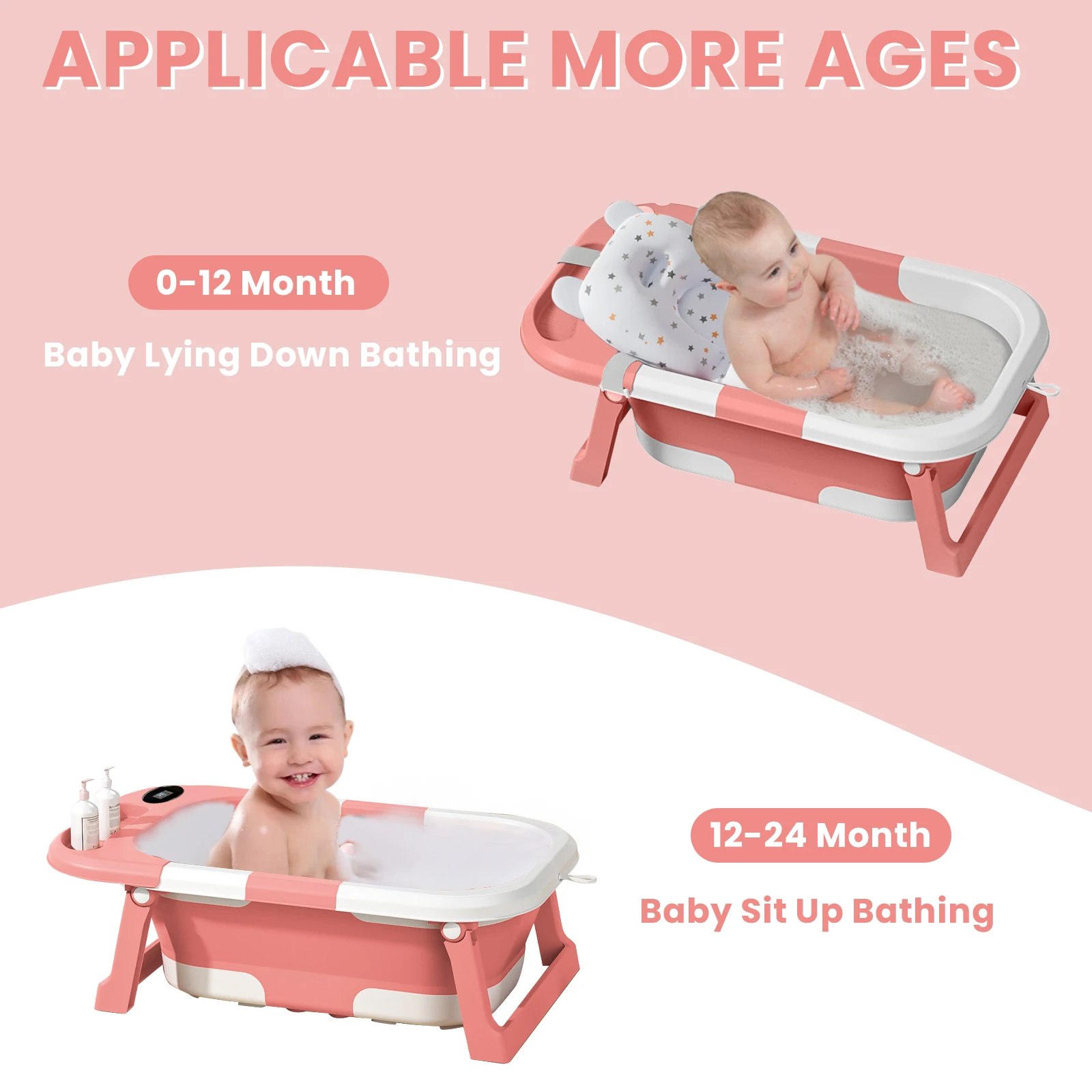 Newborn Baby Foldable Bathtub with Drain Hole, Soft Cushion Pad & Anti-Slip Design, Portable Travel Toddler Bath Tub, Collapsible Infant Shower Tub for Home Outdoor Travel, Comfortable Non-Slip Baby Washing Basin for 0-3 Years Old Kids