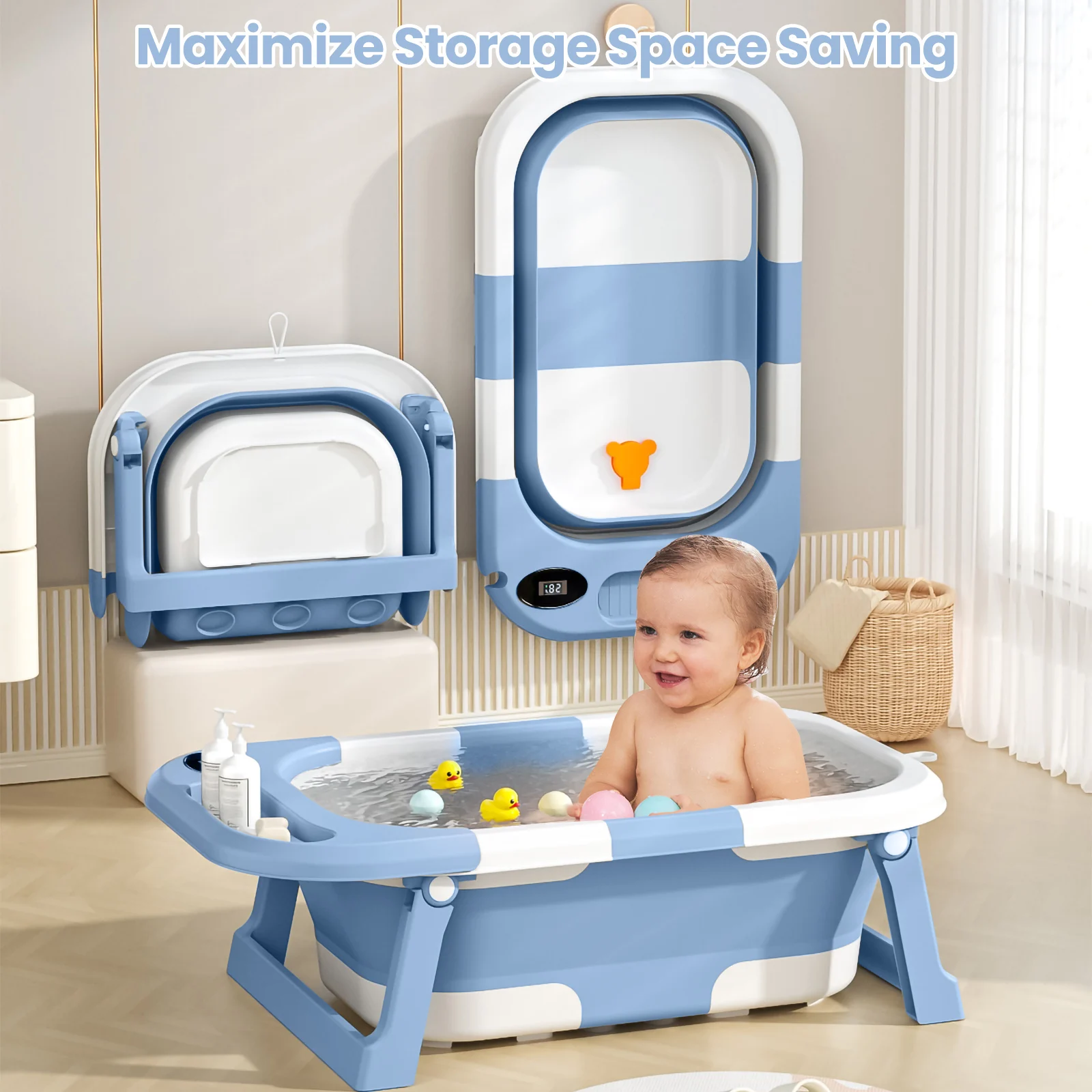Newborn Baby Foldable Bathtub with Drain Hole, Soft Cushion Pad & Anti-Slip Design, Portable Travel Toddler Bath Tub, Collapsible Infant Shower Tub for Home Outdoor Travel, Comfortable Non-Slip Baby Washing Basin for 0-3 Years Old Kids
