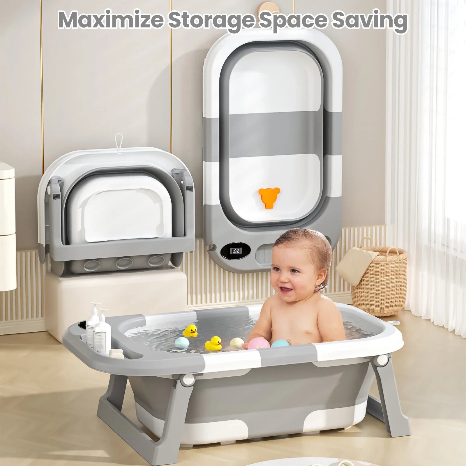 Newborn Baby Foldable Bathtub with Drain Hole, Soft Cushion Pad & Anti-Slip Design, Portable Travel Toddler Bath Tub, Collapsible Infant Shower Tub for Home Outdoor Travel, Comfortable Non-Slip Baby Washing Basin for 0-3 Years Old Kids