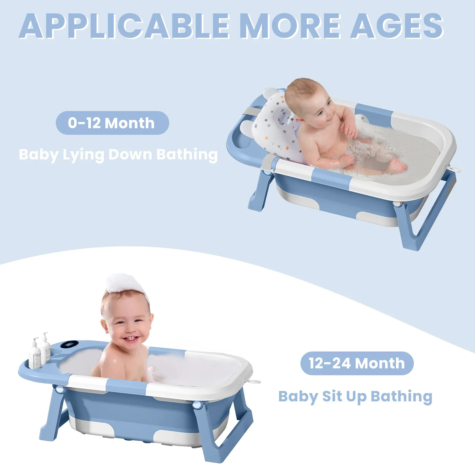 Newborn Baby Foldable Bathtub with Drain Hole, Soft Cushion Pad & Anti-Slip Design, Portable Travel Toddler Bath Tub, Collapsible Infant Shower Tub for Home Outdoor Travel, Comfortable Non-Slip Baby Washing Basin for 0-3 Years Old Kids