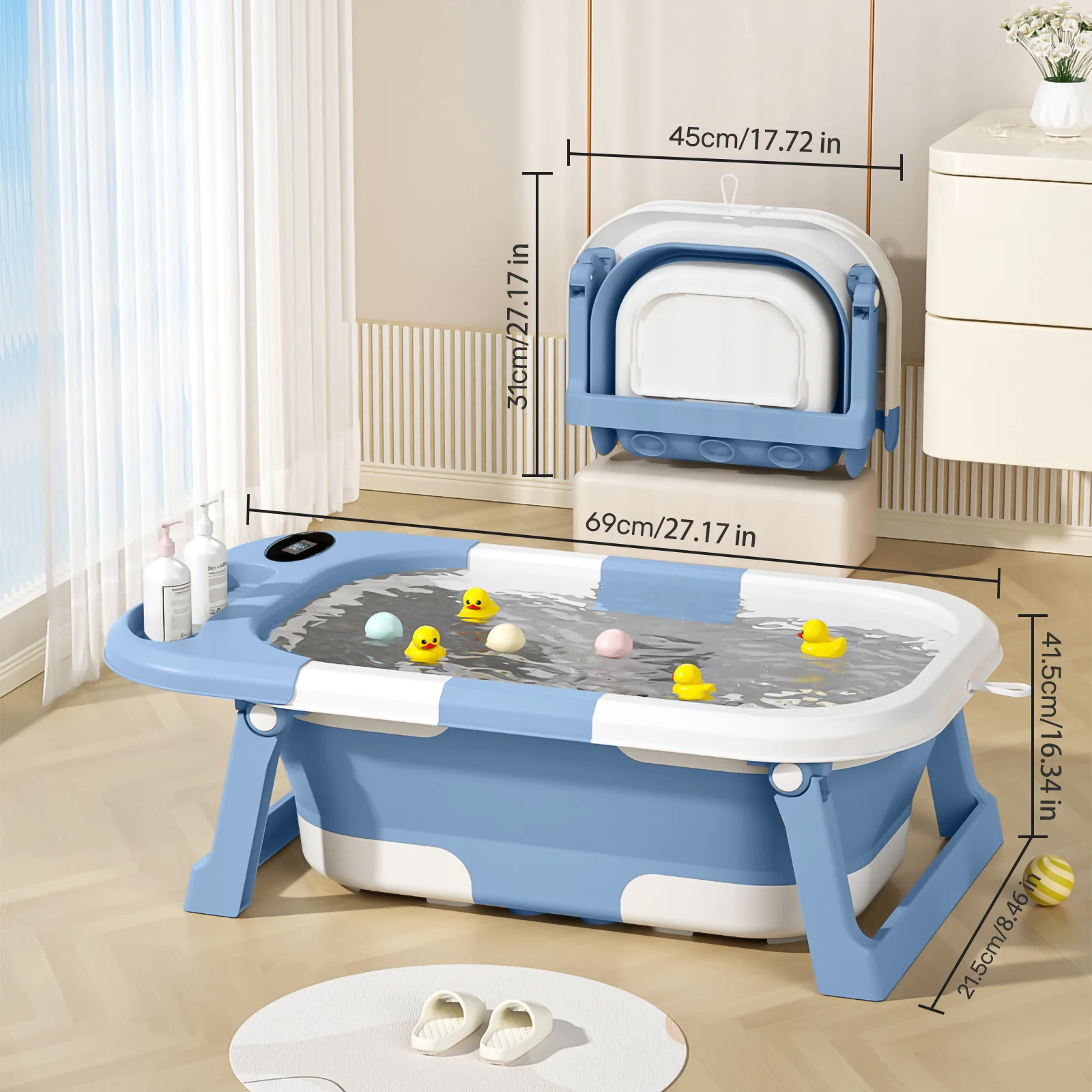 Newborn Baby Foldable Bathtub with Drain Hole, Soft Cushion Pad & Anti-Slip Design, Portable Travel Toddler Bath Tub, Collapsible Infant Shower Tub for Home Outdoor Travel, Comfortable Non-Slip Baby Washing Basin for 0-3 Years Old Kids
