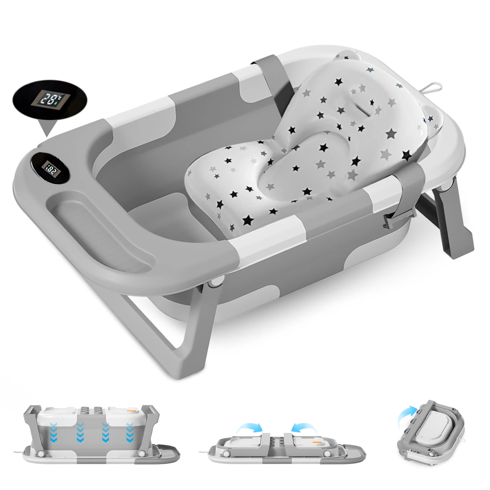 Newborn Baby Foldable Bathtub with Drain Hole, Soft Cushion Pad & Anti-Slip Design, Portable Travel Toddler Bath Tub, Collapsible Infant Shower Tub for Home Outdoor Travel, Comfortable Non-Slip Baby Washing Basin for 0-3 Years Old Kids