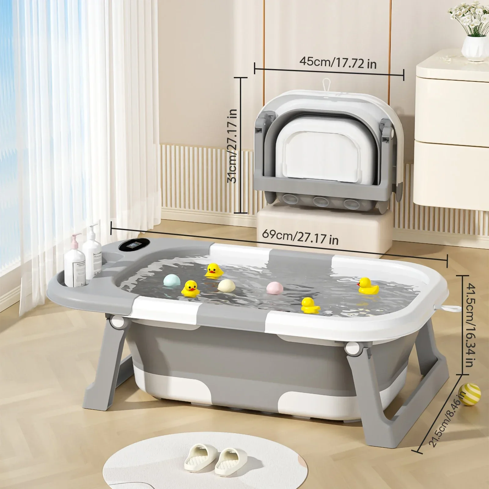 Newborn Baby Foldable Bathtub with Drain Hole, Soft Cushion Pad & Anti-Slip Design, Portable Travel Toddler Bath Tub, Collapsible Infant Shower Tub for Home Outdoor Travel, Comfortable Non-Slip Baby Washing Basin for 0-3 Years Old Kids