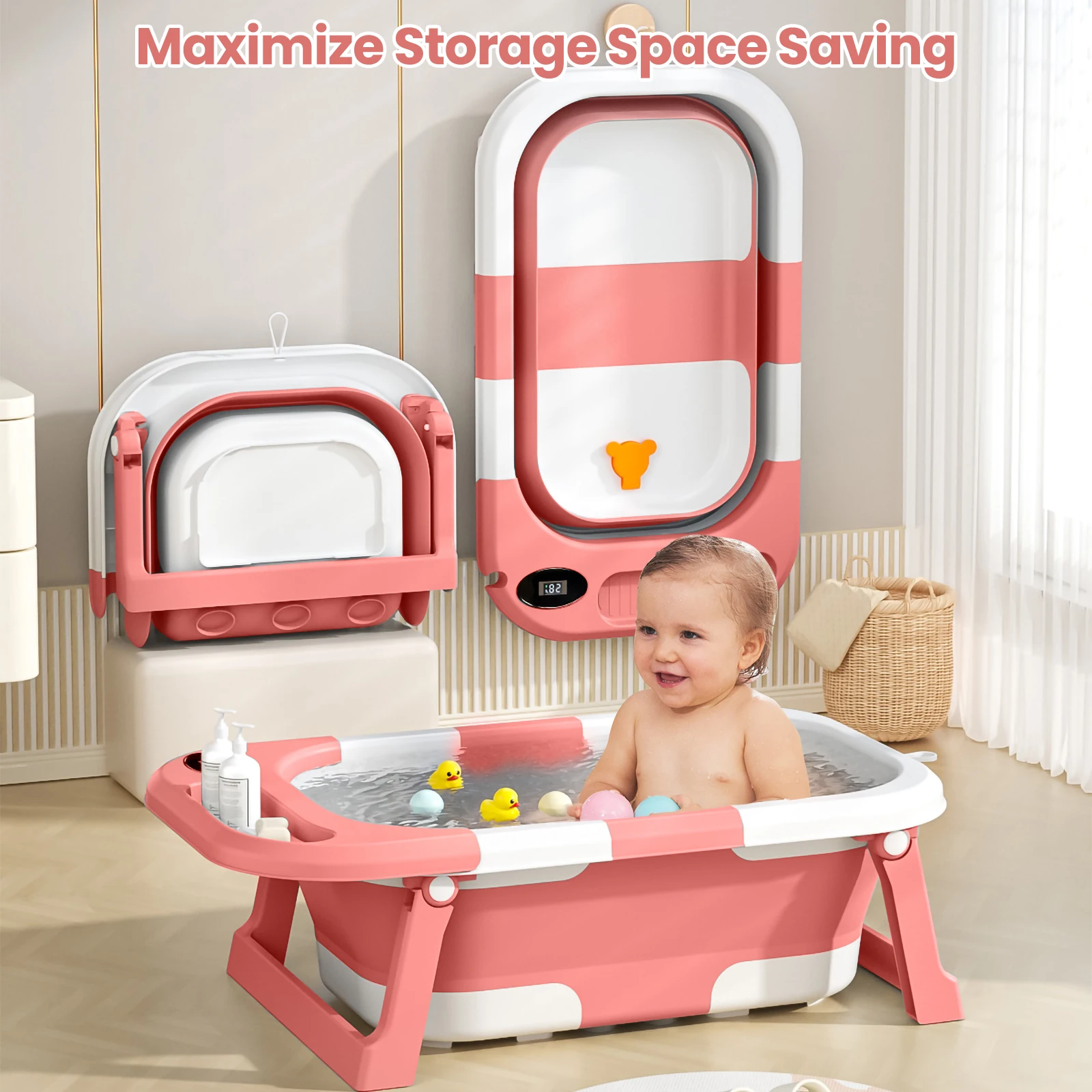 Newborn Baby Foldable Bathtub with Drain Hole, Soft Cushion Pad & Anti-Slip Design, Portable Travel Toddler Bath Tub, Collapsible Infant Shower Tub for Home Outdoor Travel, Comfortable Non-Slip Baby Washing Basin for 0-3 Years Old Kids