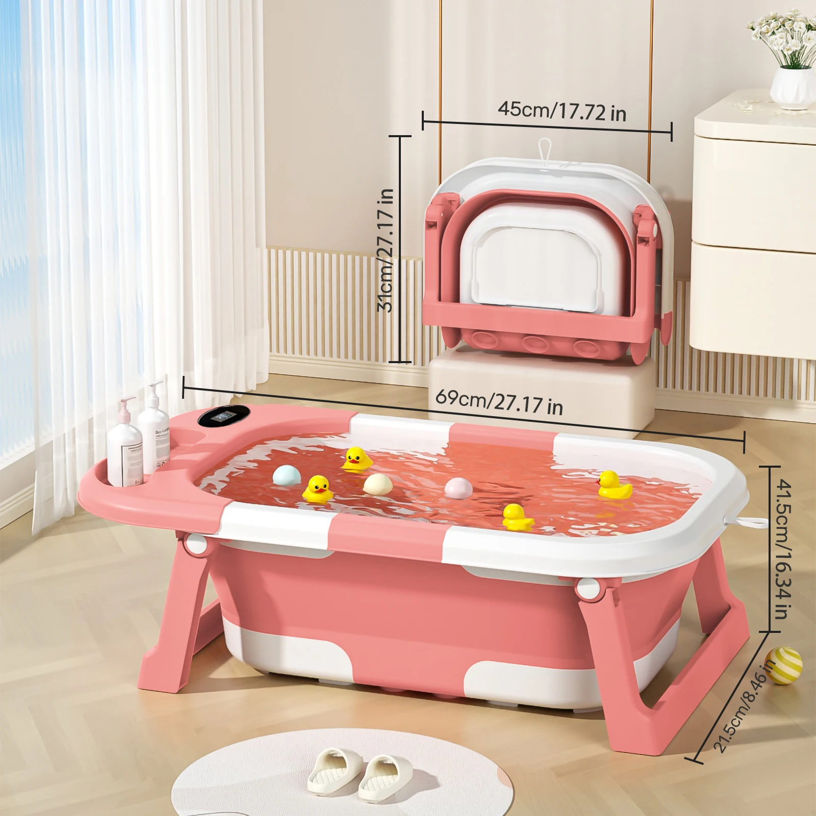 Newborn Baby Foldable Bathtub with Drain Hole, Soft Cushion Pad & Anti-Slip Design, Portable Travel Toddler Bath Tub, Collapsible Infant Shower Tub for Home Outdoor Travel, Comfortable Non-Slip Baby Washing Basin for 0-3 Years Old Kids