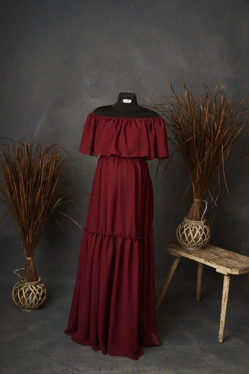 Maternity Dresses Off Shoulder Top&Skirt Set Chiffon Long Maxi Dresses for Pregnancy Women Gown Photoshoot Baby Shower Gift