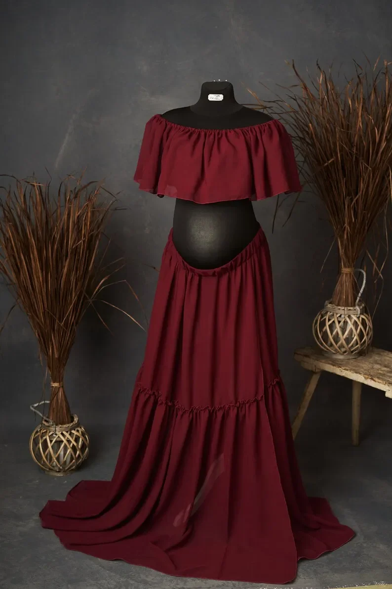 Maternity Dresses Off Shoulder Top&Skirt Set Chiffon Long Maxi Dresses for Pregnancy Women Gown Photoshoot Baby Shower Gift