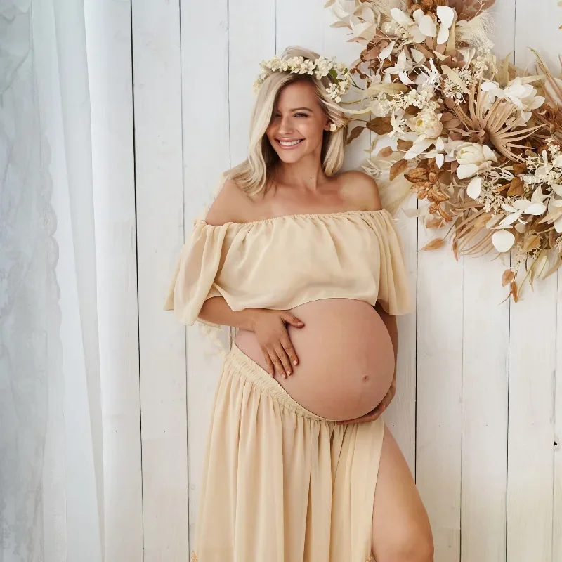 Maternity Dresses Off Shoulder Top&Skirt Set Chiffon Long Maxi Dresses for Pregnancy Women Gown Photoshoot Baby Shower Gift