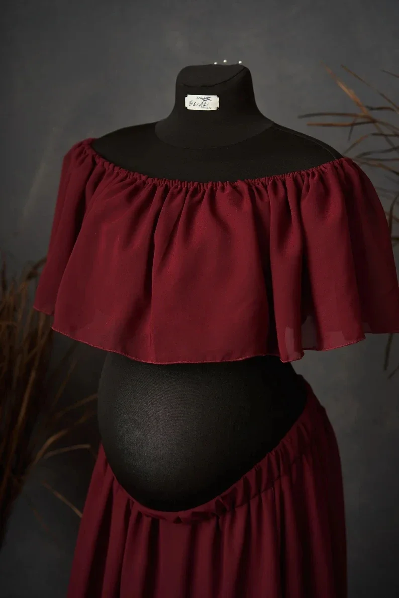 Maternity Dresses Off Shoulder Top&Skirt Set Chiffon Long Maxi Dresses for Pregnancy Women Gown Photoshoot Baby Shower Gift