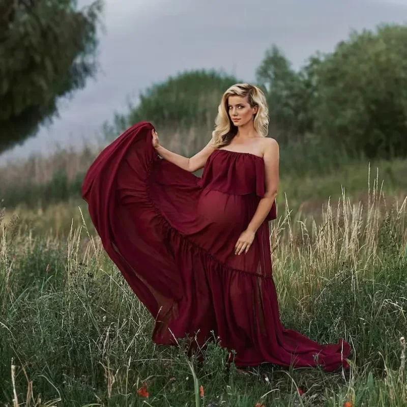 Maternity Dresses Off Shoulder Top&Skirt Set Chiffon Long Maxi Dresses for Pregnancy Women Gown Photoshoot Baby Shower Gift