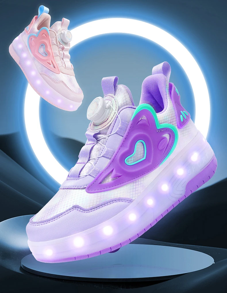 Children Two Girls Wheels Luminous Glowing Sneakers Heels Pink Led Light Roller Skate Shoes Kids Led Shoes USB Charging Fashion