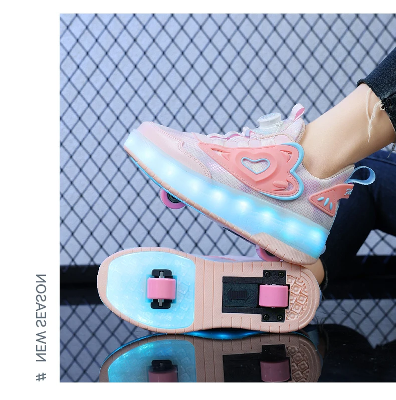 Children Two Girls Wheels Luminous Glowing Sneakers Heels Pink Led Light Roller Skate Shoes Kids Led Shoes USB Charging Fashion