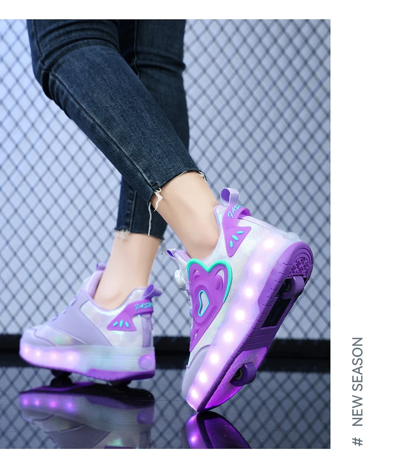 Children Two Girls Wheels Luminous Glowing Sneakers Heels Pink Led Light Roller Skate Shoes Kids Led Shoes USB Charging Fashion