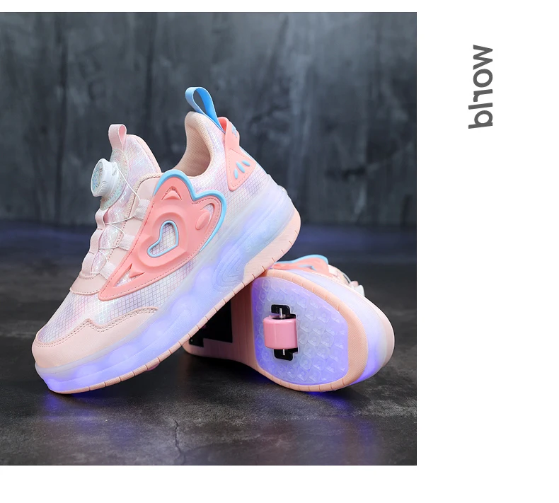 Children Two Girls Wheels Luminous Glowing Sneakers Heels Pink Led Light Roller Skate Shoes Kids Led Shoes USB Charging Fashion