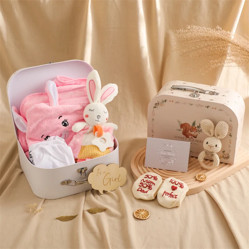 Baby Double Sided Cotton Blanket Newborn Milestones Cards Crochet Rattle Toy Bath Set Gifts Box Baby Photography Prop Birth Gift