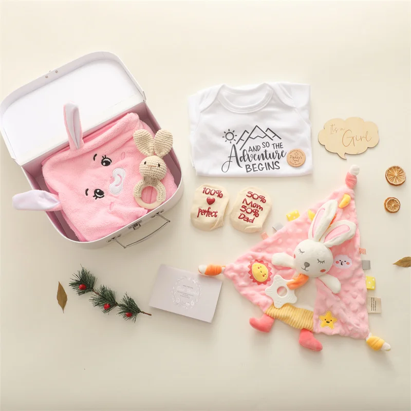 Baby Double Sided Cotton Blanket Newborn Milestones Cards Crochet Rattle Toy Bath Set Gifts Box Baby Photography Prop Birth Gift