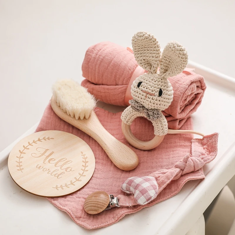 Baby Double Sided Cotton Blanket Newborn Milestones Cards Crochet Rattle Toy Bath Set Gifts Box Baby Photography Prop Birth Gift