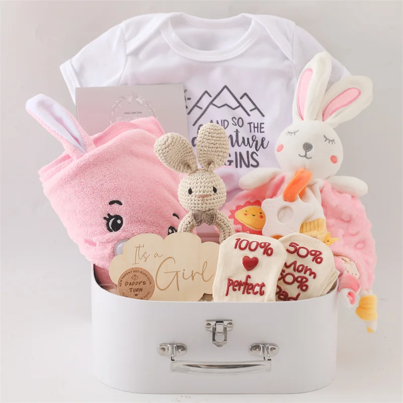 Baby Double Sided Cotton Blanket Newborn Milestones Cards Crochet Rattle Toy Bath Set Gifts Box Baby Photography Prop Birth Gift