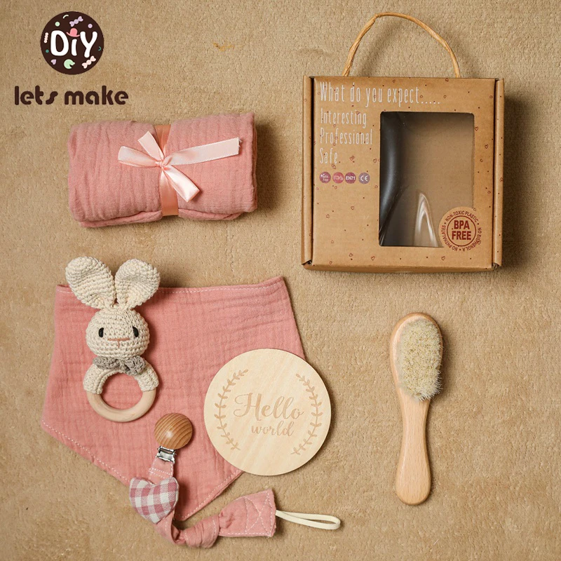 Baby Double Sided Cotton Blanket Newborn Milestones Cards Crochet Rattle Toy Bath Set Gifts Box Baby Photography Prop Birth Gift
