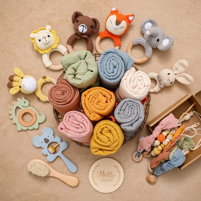 Baby Double Sided Cotton Blanket Newborn Milestones Cards Crochet Rattle Toy Bath Set Gifts Box Baby Photography Prop Birth Gift