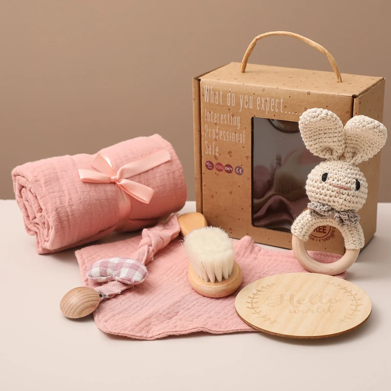 Baby Double Sided Cotton Blanket Newborn Milestones Cards Crochet Rattle Toy Bath Set Gifts Box Baby Photography Prop Birth Gift