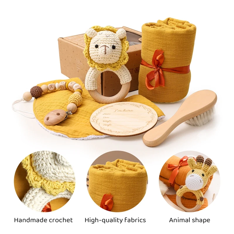 Baby Double Sided Cotton Blanket Newborn Milestones Cards Crochet Rattle Toy Bath Set Gifts Box Baby Photography Prop Birth Gift