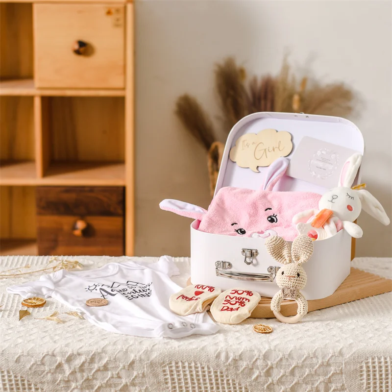 Baby Double Sided Cotton Blanket Newborn Milestones Cards Crochet Rattle Toy Bath Set Gifts Box Baby Photography Prop Birth Gift