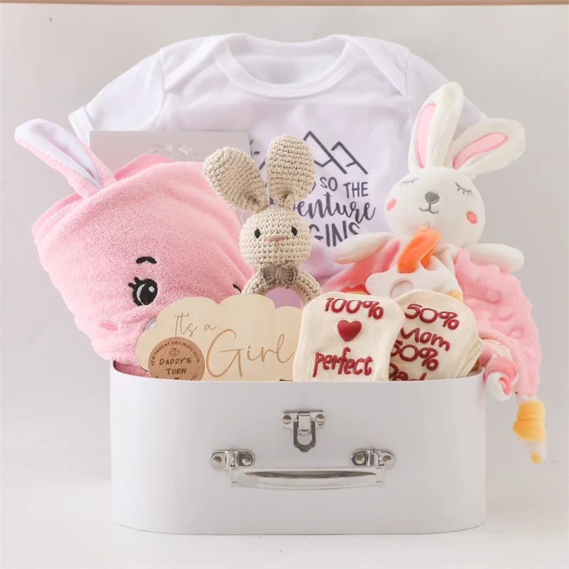Baby Double Sided Cotton Blanket Newborn Milestones Cards Crochet Rattle Toy Bath Set Gifts Box Baby Photography Prop Birth Gift