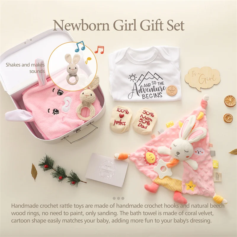 Baby Double Sided Cotton Blanket Newborn Milestones Cards Crochet Rattle Toy Bath Set Gifts Box Baby Photography Prop Birth Gift