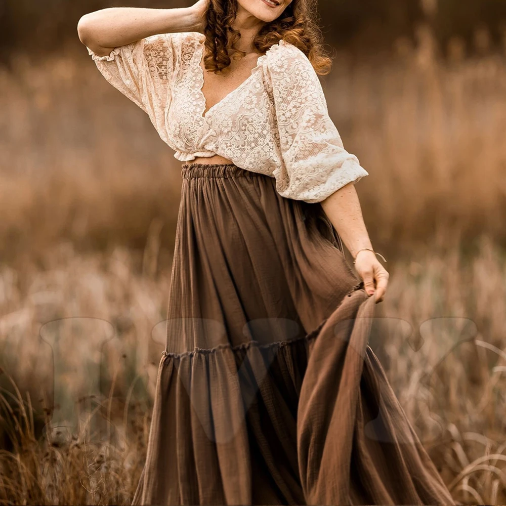 Boho Pregnant Dress Lace&Linen Cotton Combination Two Piece Set Contrast color retro design sense PhotoShoot Pregnancy Dress
